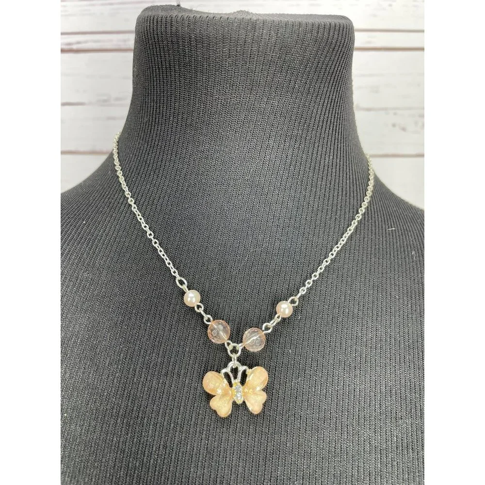 Clair's Girls Peach Pink Glitter Butterfly Pendant Silver Fashion Necklace‎